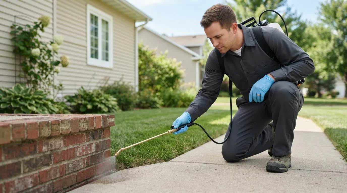Pest control technician treating a home near Newville, PA
